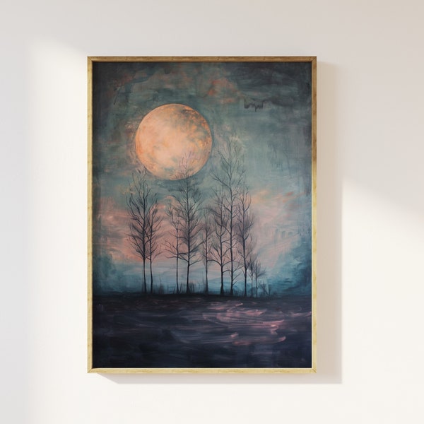 Full moon above the solitary trees | peaceful tranquil night time scene, moon light glow trees, dark academia, enchanting moonlight, moody