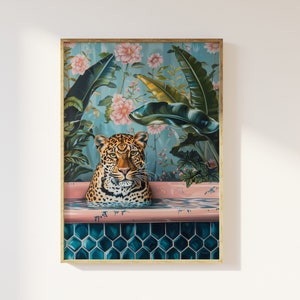 May include: A leopard sits in a pink bathtub surrounded by lush green tropical plants and flowers. The bathtub is tiled with blue hexagonal tiles.
