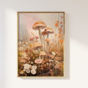 Hübscher zarter Kunstdruck von Pilzen Cottagecore Poster, Waldnatur, magisches Poster, Romantik, ätherisch schöne verzauberte Pilze
