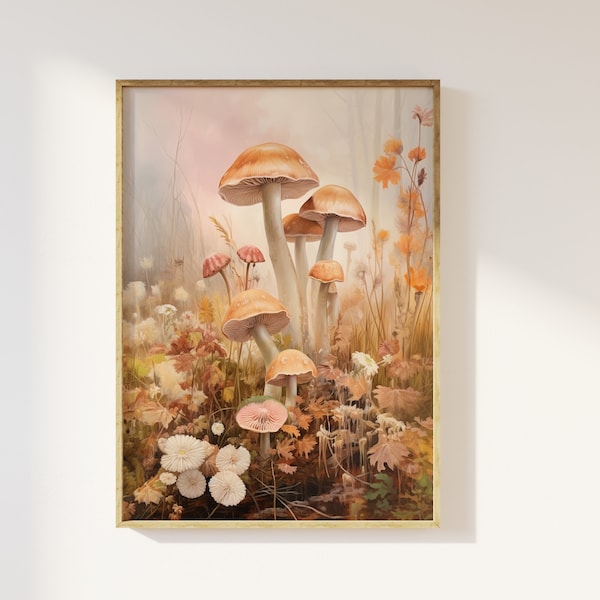 Impression d’art de champignons assez délicate | cottagecore, nature boisée, affiche magique, romantisme, rose éthéré beaux champignons enchantés