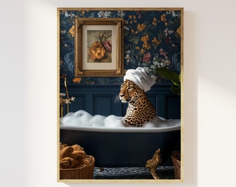 Maximalist leopard taking a bubble bath art print | bold fun animal print, vintage traditional leopard with towel, floral flowers, eclectic