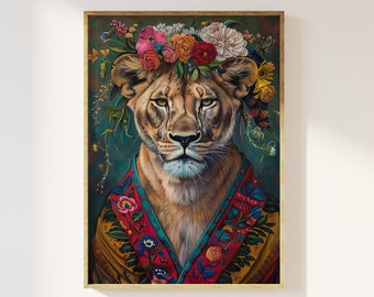 Puede incluir: Un león con una corona de flores coloridas en la cabeza, vistiendo una túnica con estampado rojo y dorado. El león tiene una expresión seria y mira directamente al espectador.