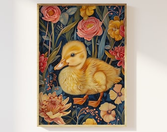 Botanical duckling William Morris style art print | foliage, botanical leaves and flowers, baby duck, nature poster, maximalist duckling art
