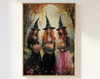 Witches coven holding wildflowers in the woods art print | ethereal witches, magical autumnal beautiful enchanting floral witch friendship