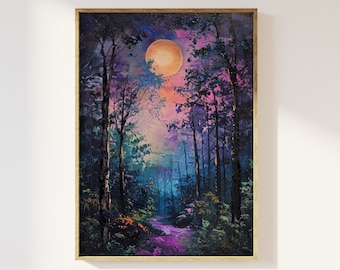 Moon above the mystical woodland at night art print | full moon above trees oil painting, flowers and trees, enchanted midnight forest art