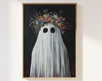 May include: A white ghost with a floral crown of colorful flowers on a black background. The ghost has two black eyes.