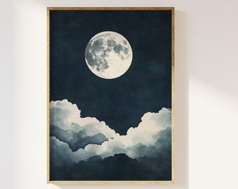 Lámina artística de luna llena en cielo nocturno nublado / místico celestial minimalista, cielo nocturno melancólico, caprichoso, luz de luna apacible, dormitorio