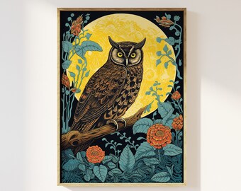 Owl and flowers under the moonlight vintage block print style art print | Mystical celestial, cottagecore flowers, whimsigoth, dark romantic