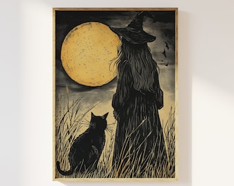 Witch and Her Black Cat Under the Full Moon Block Art Print