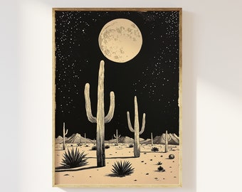 Cactus under moon in desert wall art print | Cactus under moonlight, nighttime desert scene, black and cream minimalist abstract western art