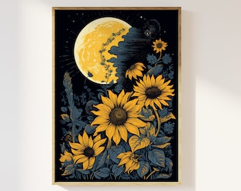 Moon and sunflowers vintage block print style art print | Mystical celestial, cottagecore flowers floral, whimsigoth art, autumn sunflowers,