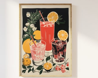 Retro cocktails block style art print | kitchen dining room art, alcohol poster, cocktails, funky bar cart print, party, retro wall art, 70s