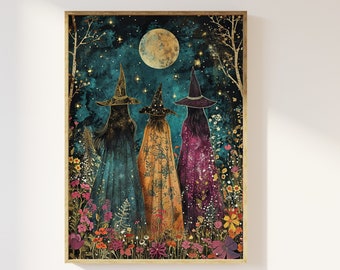 Communauté de sorcières parmi les fleurs sauvages sous la lune Impression artistique | sorcières éthérées, belle sorcière florale enchanteresse magique, art mystique