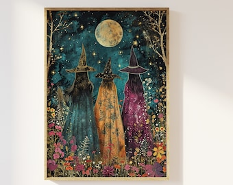 Witches coven amongst the wildflowers under the moon art print | ethereal witches, magical beautiful enchanting floral witch, mystical art