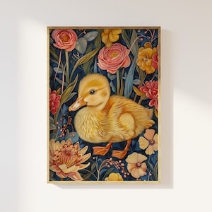 Impresión artística de estilo William Morris con un patito botánico, hojas y flores botánicas, patito, póster de naturaleza, arte maximalista con un patito