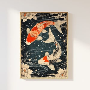 Stampa artistica murale di carpa koi giapponese / xilografia giapponese, pesce, poster giapponese zen calmo, laghetto con pesci, decorazione tradizionale ukiyo-e con fiori di loto