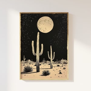 Cactus under moon in desert wall art print | Cactus under moonlight, nighttime desert scene, black and cream minimalist abstract western art