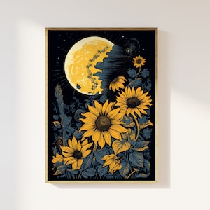 Mond und Sonnenblumen im Vintage-Block-Print-Stil Kunstdruck | mystisch himmlisch, Cottagecore Blumen floral, whimsigoth Kunst, Herbst Sonnenblumen,