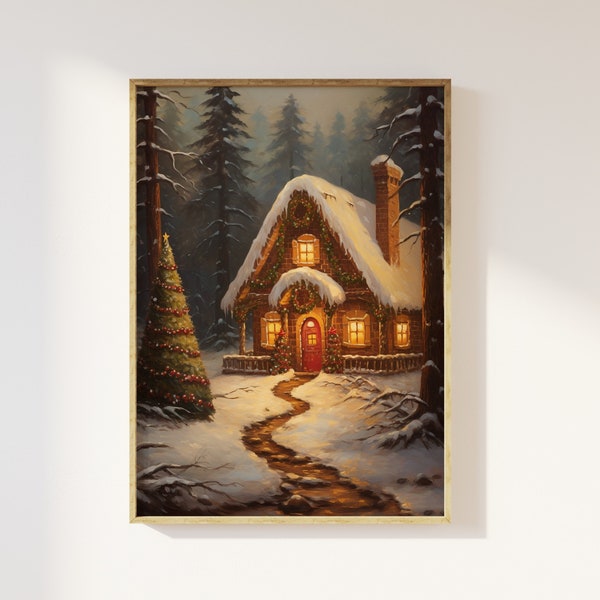 Gingerbread cottage woodland scene art print | Gingerbread house, fairytale, christmas lights, landscape forest, magical enchanting festive
