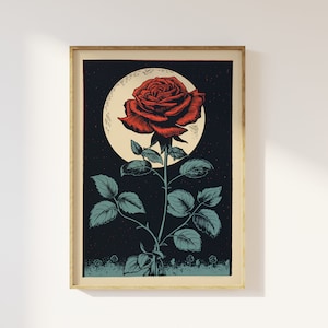 Impresión artística de estilo vintage con estampado de luna y una sola rosa / Mística celestial, flores cottagecore florales, whimsigoth, rosa romántica oscura,