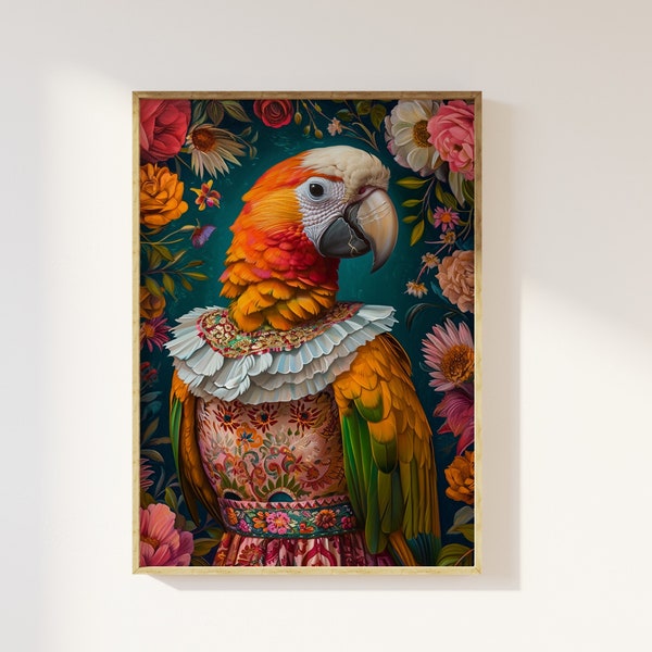 Maximalist eclectic fashionista parrot art print | Bold animal portrait, altered animal portrait, fun colourful, flowery vintage floral art