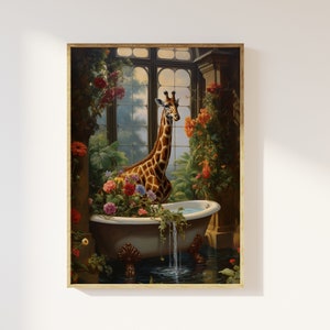 Giraffe in jungle bathroom art print | Parrot on rolltop victorian bath bathroom wall art, foliage botanical plants, maximalist retro parrot