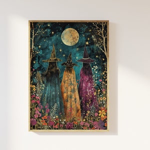 Witches coven amongst the wildflowers under the moon art print | ethereal witches, magical beautiful enchanting floral witch, mystical art