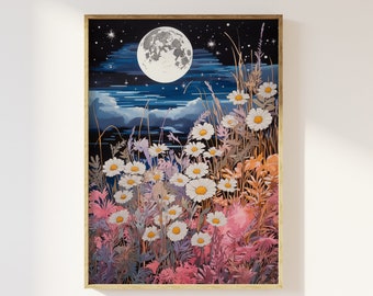 Maan en pastel bloemen vintage blokprint stijl kunstprint | Mystieke hemelse, cottagecore-bloemen, bloemig, grillig, etherisch maanlicht