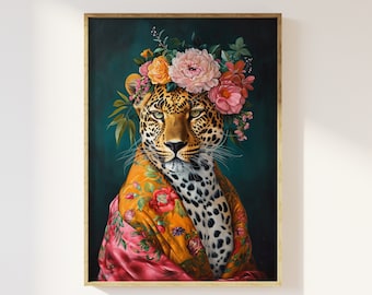 Maximalist eclectic fashionista leopard art print | Bold animal portrait, altered animal portrait, fun colourful, flowery vintage floral art