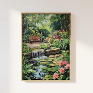 Impresión artística de jardín de cabañas inglesas / jardín campestre clásico atemporal, jardín romántico en plena floración, árboles de flores, arte sereno y pacífico