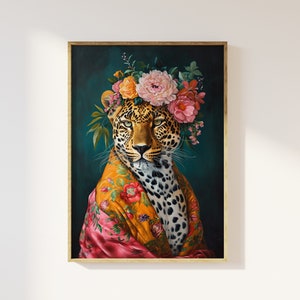 Maximalist eclectic fashionista leopard art print | Bold animal portrait, altered animal portrait, fun colourful, flowery vintage floral art