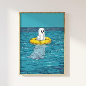 Impresión artística de un lindo fantasma en el océano con su anillo inflable / lindo fantasma divertido y espeluznante, fantasma de verano, fantasma nadando, vacaciones