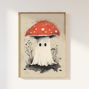 Impresión de arte de pared de rana sentada sobre un hongo / Linda rana de estilo cottagecore de Woodland sobre un hongo, follaje natural caprichoso, paisaje mágico, regalo de rana