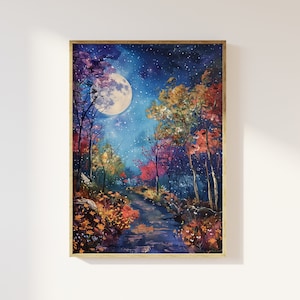Mond über dem magischen Wald bei Nacht Kunstdruck | Vollmond über Bäumen Ölgemälde, Blumen Bäume, verzauberter mystischer Mitternachtswald