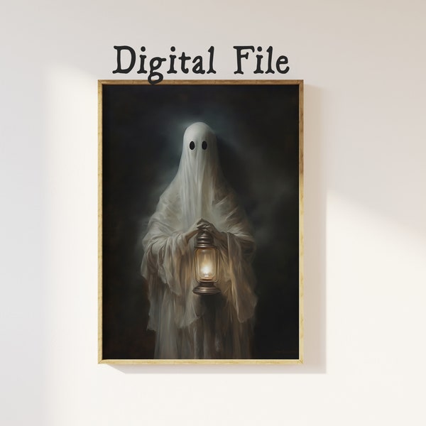 Vintage ghost with lantern digital printable art print | DIGITAL PRINT Nostalgic dark academia, spooky cottagecore, dark romantic Halloween