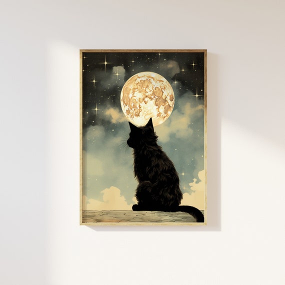 Full moon and black cat vintage style art print | Mystical celestial, nostalgic, luna, magical halloween, vintage retro art, romanticism