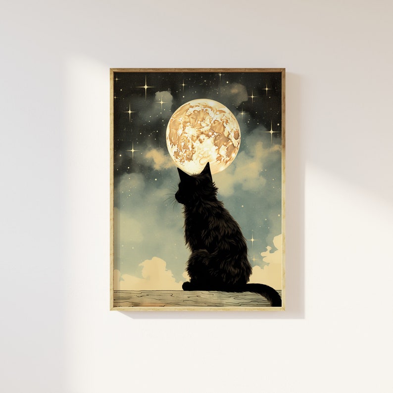 May include: A black cat silhouette sits on a ledge, gazing up at a large, yellow moon in a starry night sky.