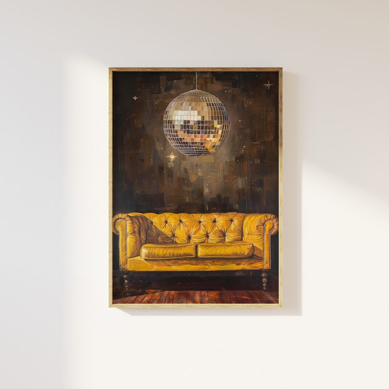 May include: A painting of a yellow velvet sofa with a disco ball hanging above it. The background is a dark brown with a few stars.