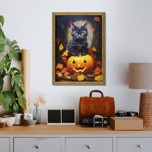 May include: A black kitten sits on top of a jack-o'-lantern with a carved face. The pumpkin is surrounded by autumn leaves. The image is painted in a realistic style.
