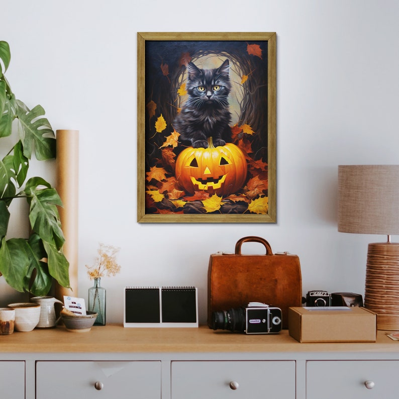 May include: A black kitten sits on top of a jack-o'-lantern with a carved face. The pumpkin is surrounded by autumn leaves. The image is painted in a realistic style.