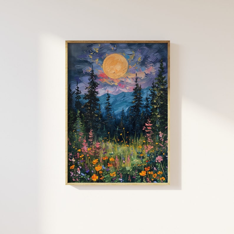 May include: A painting of a forest scene with a full moon in the sky. The forest is filled with tall, dark green trees and a field of colorful wildflowers. The moon is a bright yellow and is surrounded by a purple and pink sky.