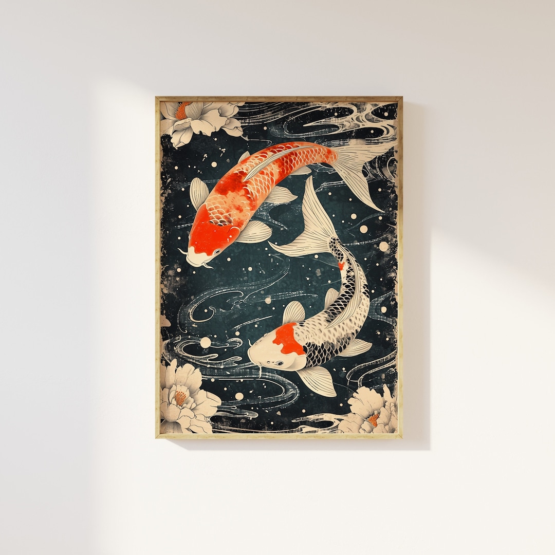 日本の鯉の壁アートプリント | 日本の木版画、魚、穏やかな禅の