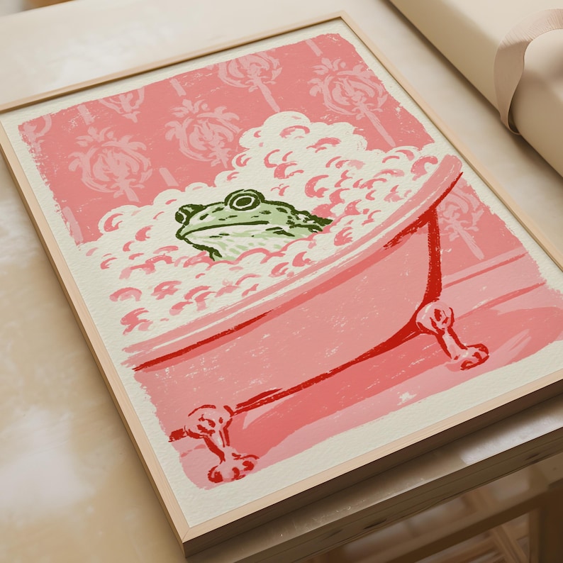 Frog Bubble Bath wall art, Cottagecore Print, Cute Frog Poster, Pink Bathroom Decor, Whimsical Animal Art, Vintage Bathtub Print