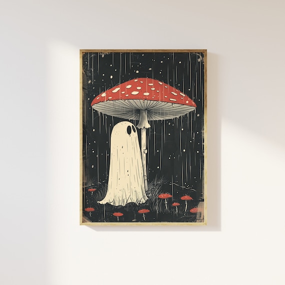 Cute cottagecore ghost and mushroom print | cute spooky ghost mushroom, dark academia, moody rainy day, whimsigoth, retro ghost, witchy art