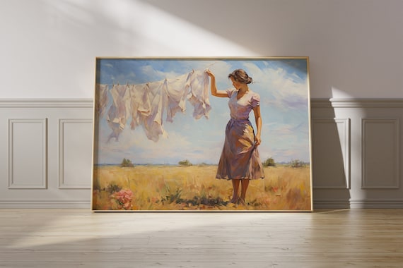 Laundry day on the prairies cottagecore art print | Meadows, rural USA, whimsical cottage, boho woman, simple living, countryside, romantic