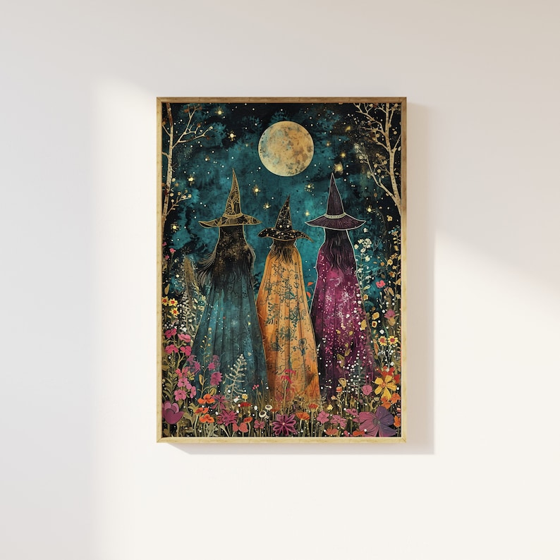 May include: Three witches in colorful robes and pointed hats walk through a field of flowers under a full moon and starry sky.