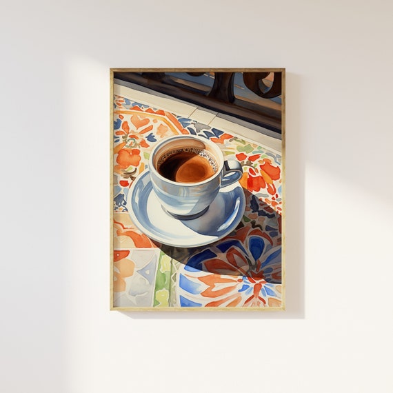Cup of coffee on tiled table art print | Moroccan style tiled table, outdoor dining, kitchen art, aesthetic coffee, decorative, breakfast