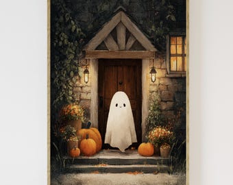 Ghost cottage wall art print | whimsical halloween ghost print, cosy autumn ghost cottage, rustic cottagecore spooky cute ghost and pumpkins