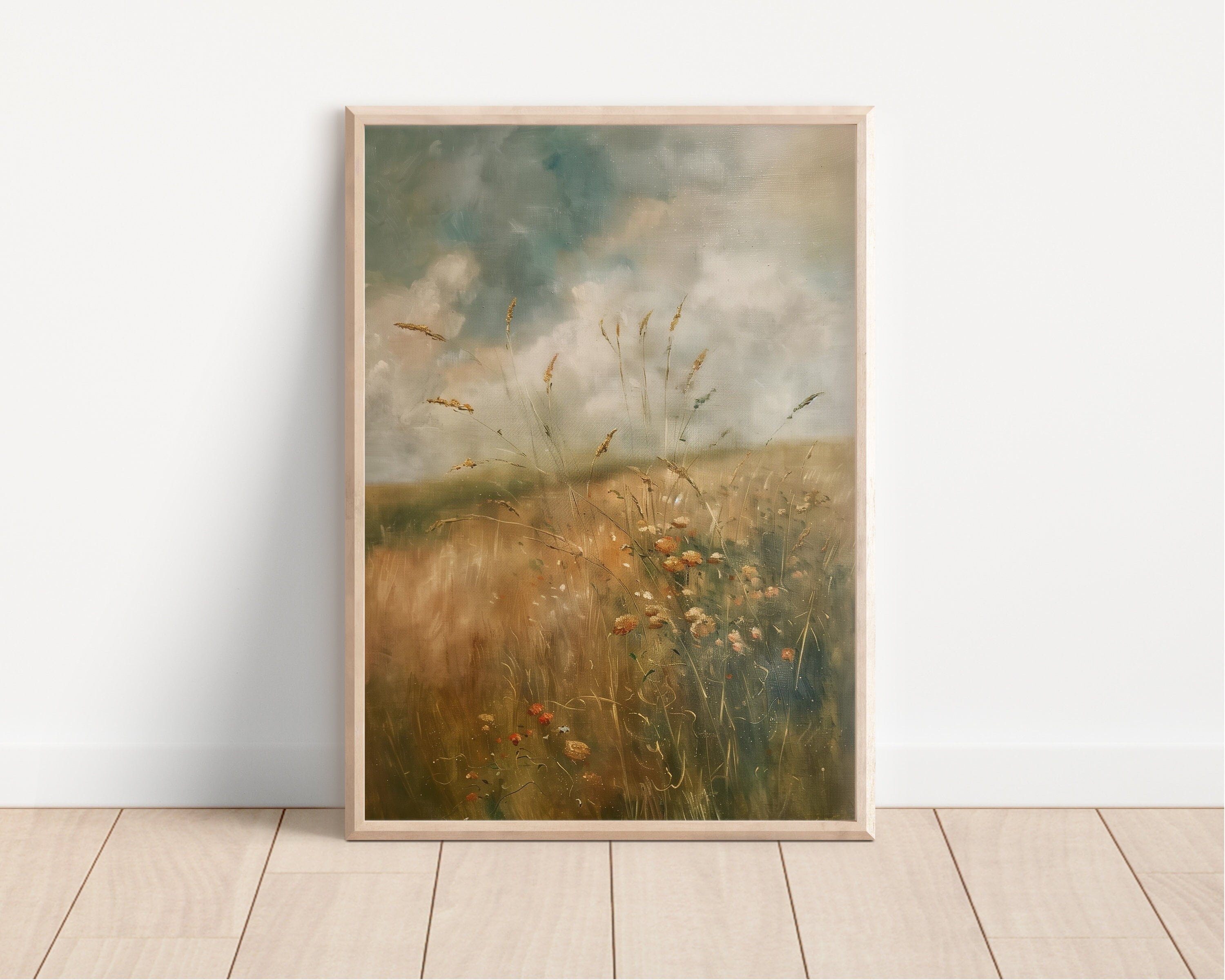 Vintage farmhouse meadow PRINTABLE digital print | Flowers florals in the field, cottage decor, farmhouse rustic, meadow, nature landscape