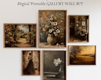 May include: A set of six digital printable gallery wall art prints. The prints feature a variety of subjects, including a floral still life, a landscape, a woman in a dress, and a still life with a magnolia flower. The prints are all in a similar style, with a vintage aesthetic.